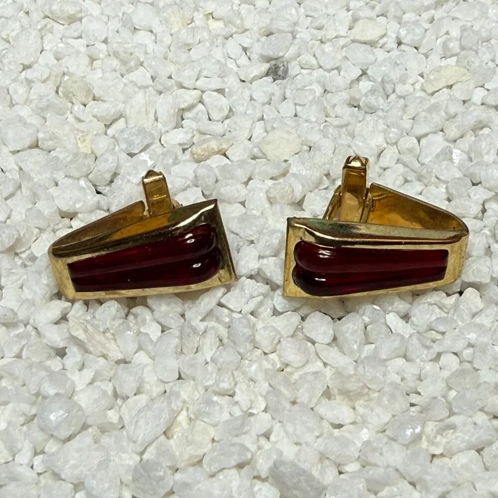 Vintage Mid-Century Anson Gold-Tone Cufflinks Red Lucite Inlay